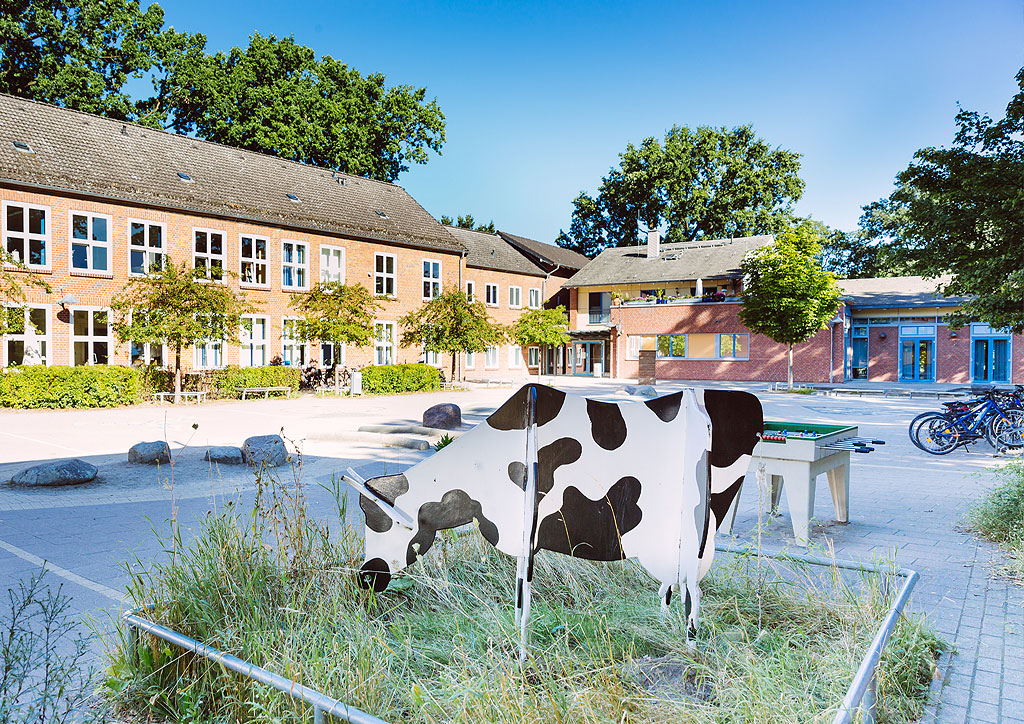 Das Bild zeigt die Holzkuh, das Maskottchen der Schule Lehmkuhle. Die Kuh befindet sich auf dem Schulhof und ist so groß wie eine echte Kuh.