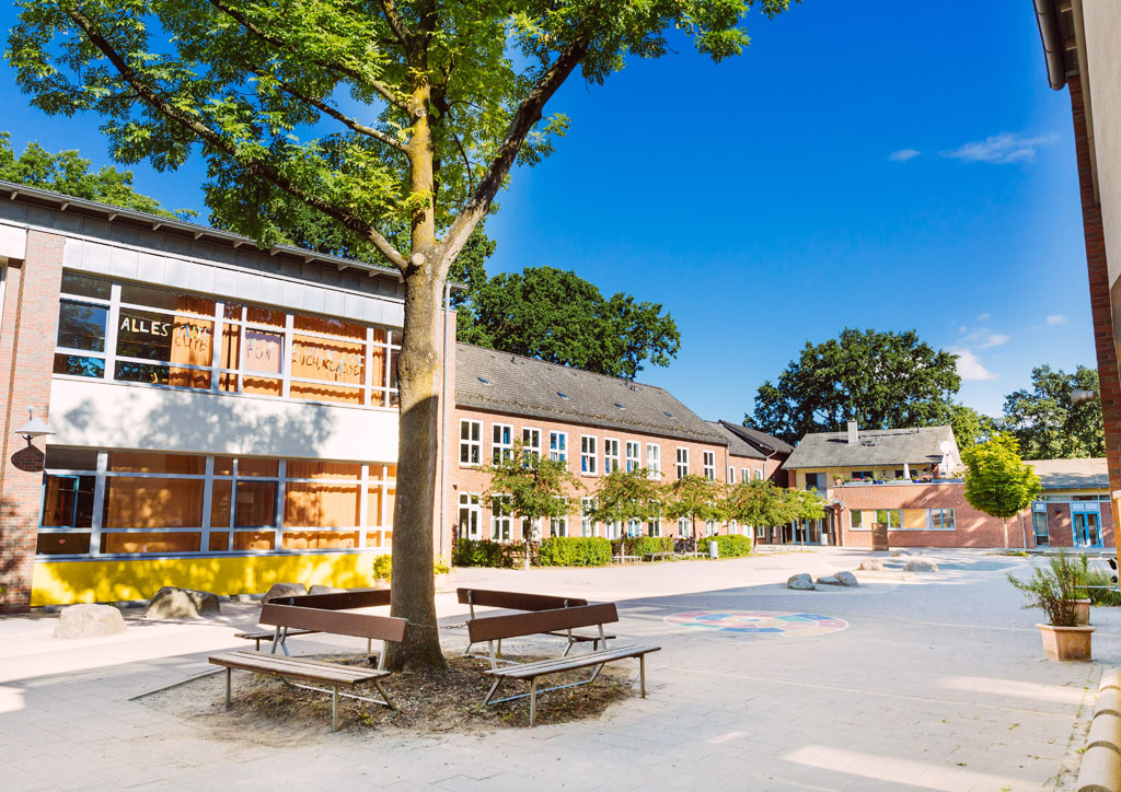 Das Bild zeigt den Schulhof der Schule Lehmkuhle. In der Mitte befindet sich ein großer Baum und drum herum sind 4 Holzbänke angeordnet auf denen man sich ausruhen kann.