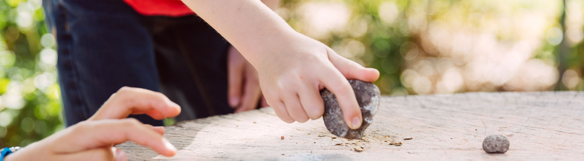 Ein Schüler zerreibt mit einem Stein eine Eichel